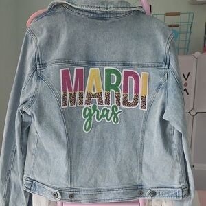 Style & Co. Light Blue Jean Jacket with Mardi Gras Design